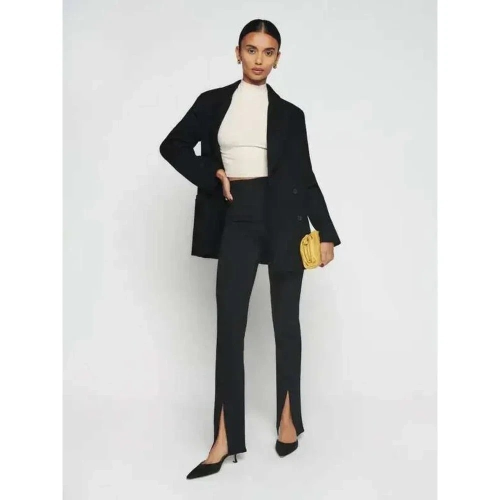 Reformation Medium Fletcher Pant High Rise Front Slit Pintuck Trousers Black